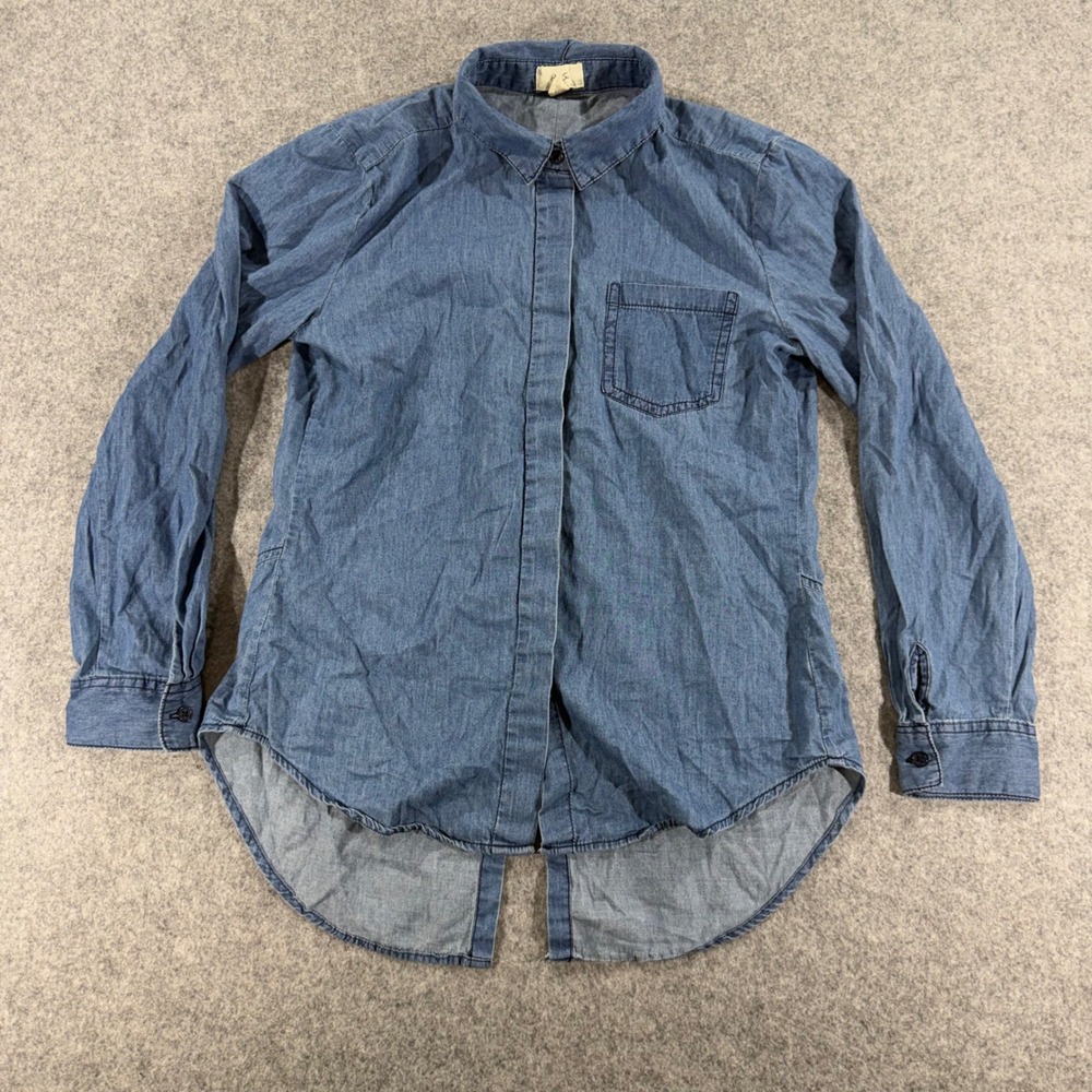 Per Se Womens Blue Denim Button Down Shirt Split Back High Low Hem Size M
